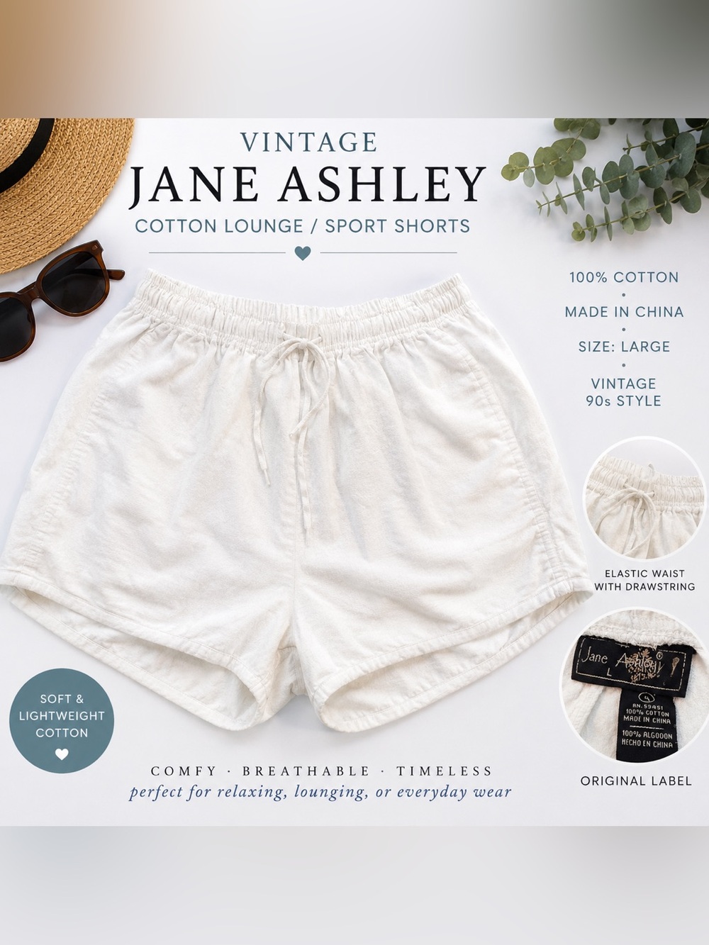 Y2K 90s Vintage Cotton Jane Ashley White Lounge Shorts Elastic Waist Size Large